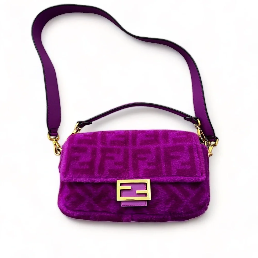 FENDI pink shearling zucca two straps baguette - Picture 1 of 6